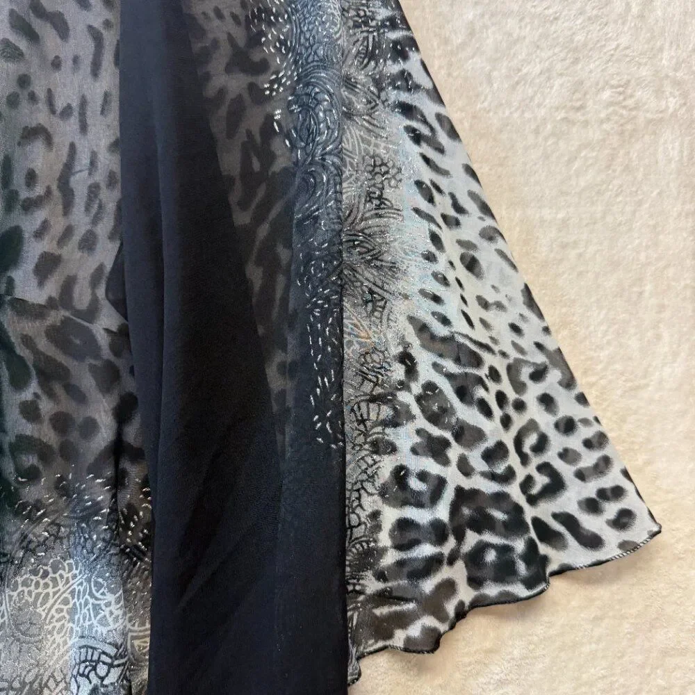 Sheer Leopard Print Kimono Cardigan Open Front Black Gray Layered Flowy OSFM